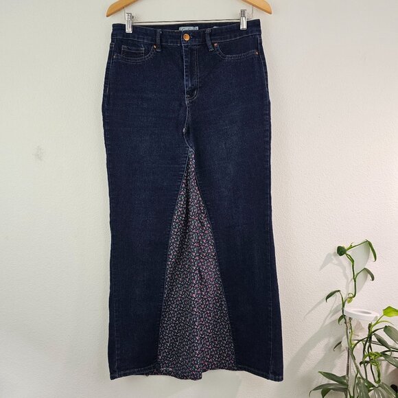 Upcycled Blue Denim Jeans Bohemian Maxi Skirt Sz 12 Hand Sewn With Floral Panels - Picture 8 of 12